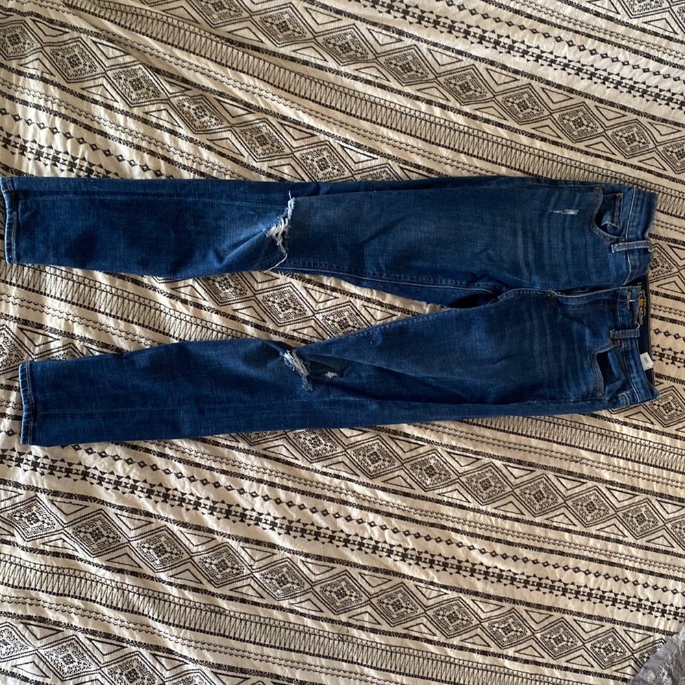 Lucky Brand-Bridgette Skinny- dark-wash jeans with distressed knees.